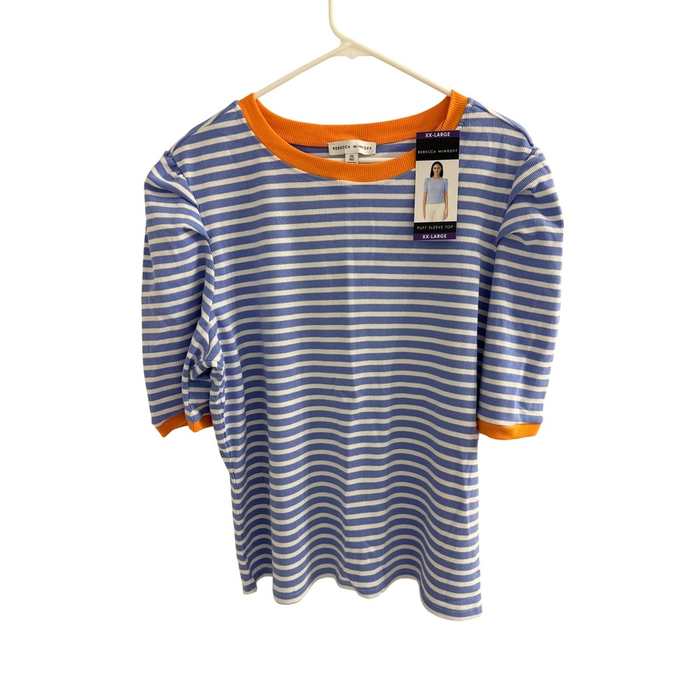 Rebecca Minkoff Puff Sleeve Top Blue White Striped Orange Trim XXL NWT